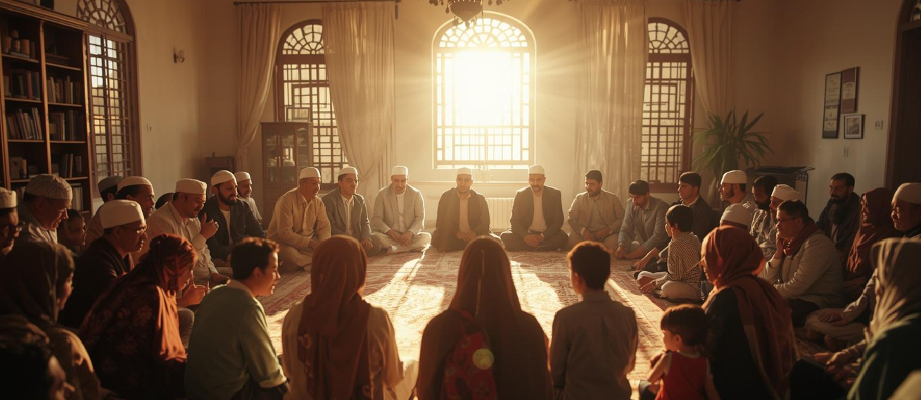 Families seated in a circle for shura in warm afternoon light