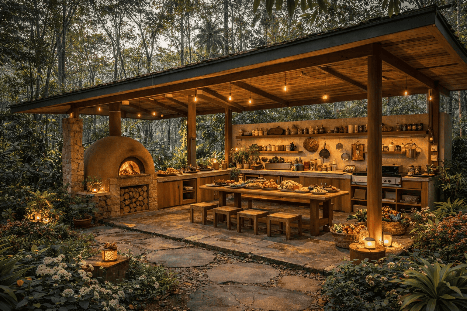 Open-air community kitchen with wood-fired oven and long table in tropical forest