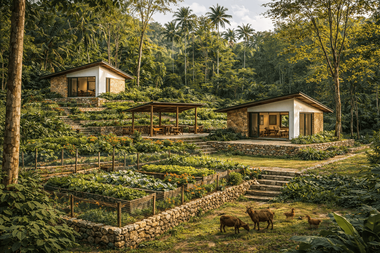 Terraced food gardens with stone-walled bioclimatic homes in tropical forest