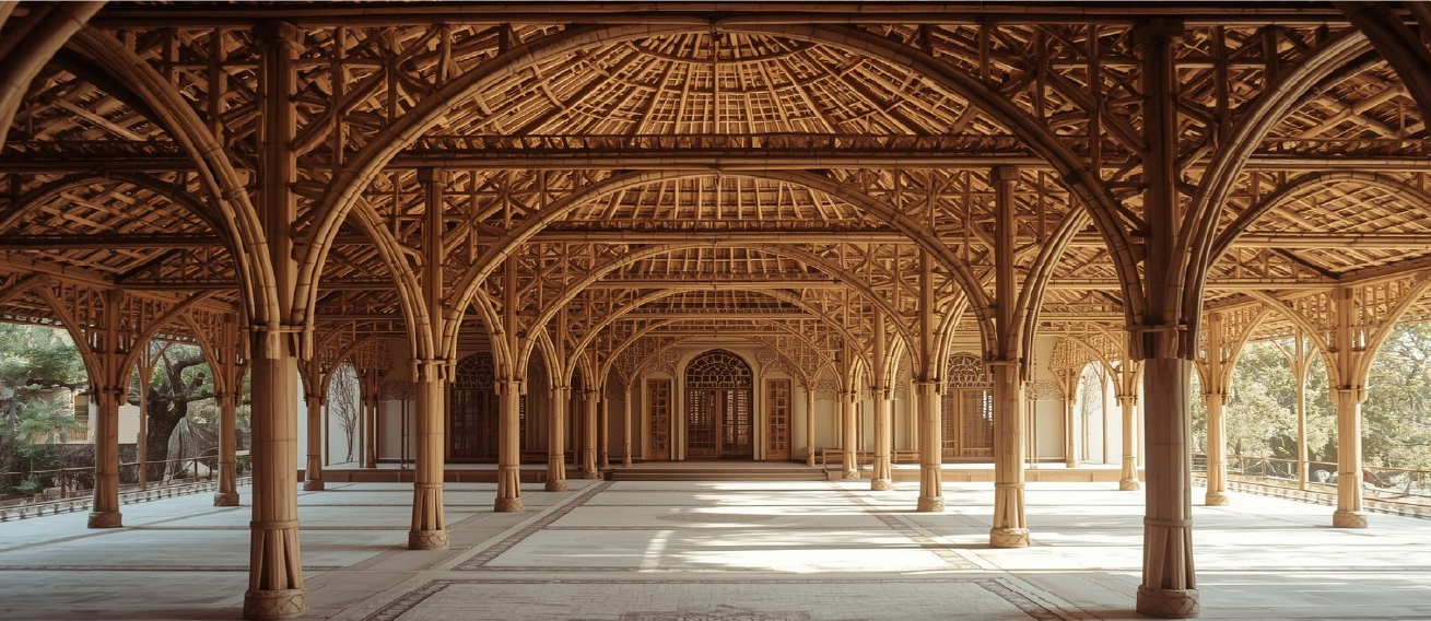 Interior of a natural masjid — earth, bamboo, and timber arches in warm light