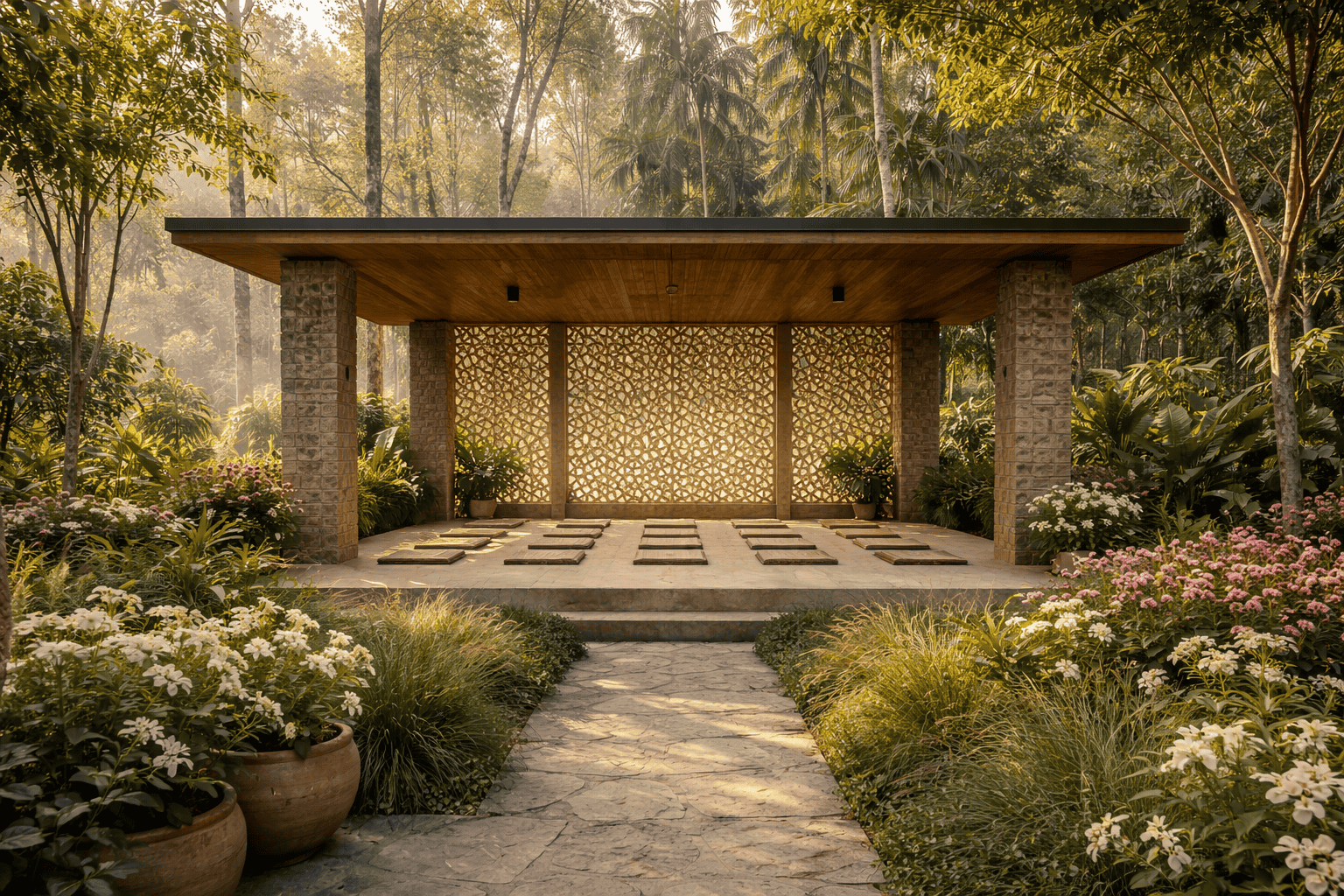 Open-air prayer pavilion with geometric mashrabiya screen