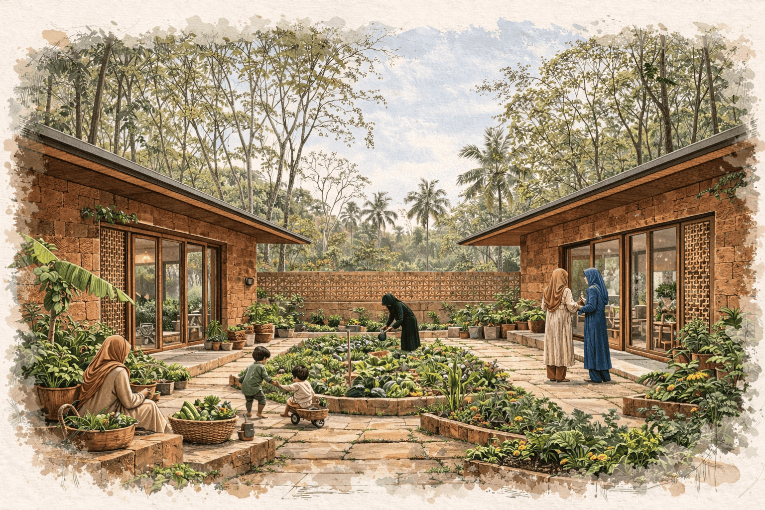 Watercolour rendering of families in a courtyard garden