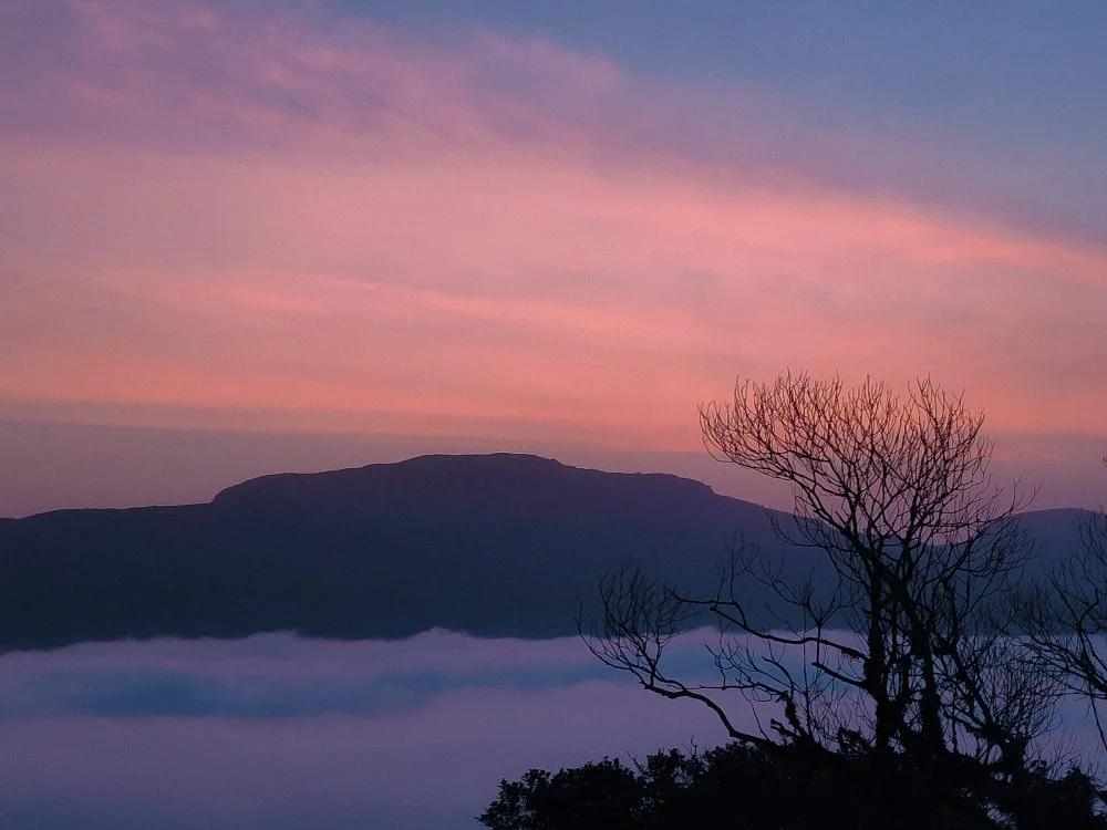 Golden sunset over misty forested hills — the view from what will be home