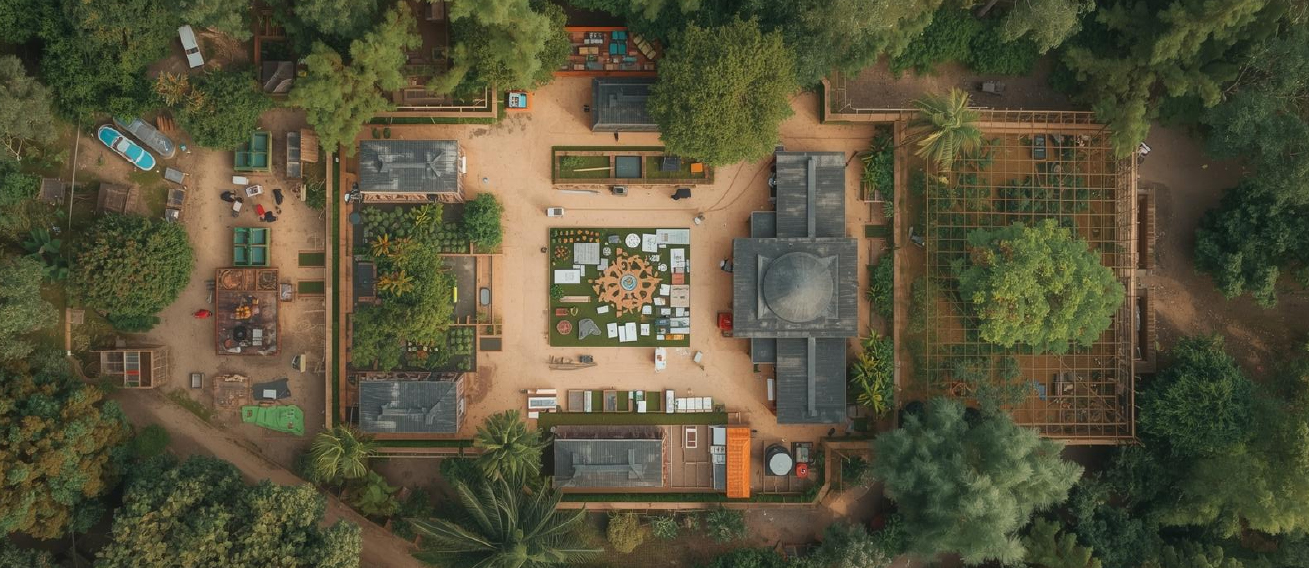 Aerial view of a complete village community with homes, gardens and a central courtyard